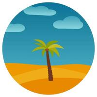 Cartoon nature landscape with palm in the desert in circle. Vector illustration