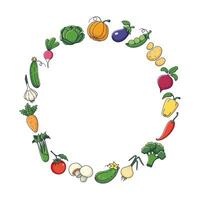 Cute vegetables set in cartoon style. Decorative round frame. Outline Vegetables collection. Vector illustration isolated on white background. Circle border.