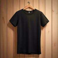 Black T-Shirt Mockup With Wooden Background. Ai Generative photo