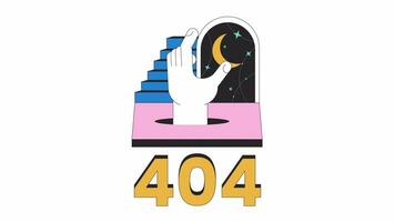 Fantasie surreal Nacht 404 Error Animation. Hand hängend Mond Himmel Error Botschaft GIF, Bewegung Grafik. gut Nacht. Treppe Halbmond animiert Karikatur Linie Konzept 4k Video isoliert auf Weiß Hintergrund