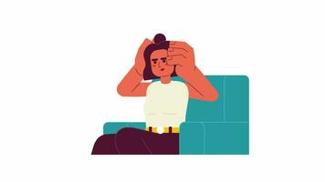 Young woman with headache sitting 2D character animation. Stress modern flat cartoon 4K video, transparent alpha channel. Frustrated millennial girl in armchair animated person on white background video