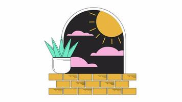 Surreal arch with plant on windowsill line 2D animation. Spinning sun nighttime 4K video motion graphic. Boho arc with clouds. Surrealismus linear animated cartoon flat concept, white background