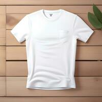 White T-Shirt Mockup With Wooden Background. Ai Generative photo