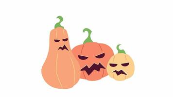 Halloween spooky carved pumpkins laughing 2D characters animation. Jack-o-lanterns holiday flat cartoon 4K video, transparent alpha channel. Haunted vegetables animated personages on white background video