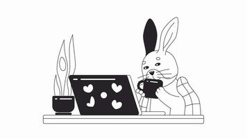 Cute rabbit drinking tea at laptop bw cartoon animation. Movie night 4K video motion graphic. Fluffy bunny holding cup. Kawaii animal 2D monochrome line animated character isolated on white background