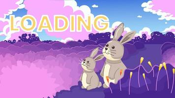 Rabbits in lavender field 2D loading animation. Bunnies watch fast moving clouds animated cartoon characters 4K video loader motion graphic. Clouds gazing in summer download, upload progress gif