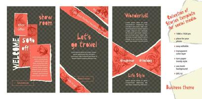 Trendy easy editable template for social media stories in torn paper style. Roses flower theme Creative design background for individual and corporate web promotion, blogs vector