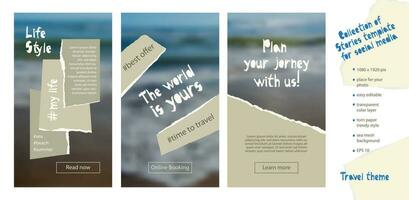 Trendy easy editable template for social media stories in torn paper style. Travel theme Creative design background for individual and corporate web promotion, blogs vector