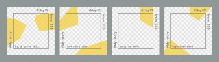 Set of minimal square posts. Trasparent yellow geometric shapes and gray text template. Place for your photo. Every day design concept for year Best for social media post and web internet ads vector