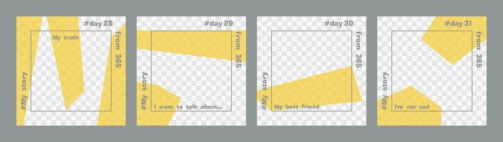 Set of minimal square posts. Trasparent yellow geometric shapes and gray text template. Place for your photo. Every day design concept for year Best for social media post and web internet ads vector