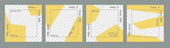 Set of minimal square posts. Trasparent yellow geometric shapes and gray text template. Place for your photo. Every day design concept for year Best for social media post and web internet ads vector