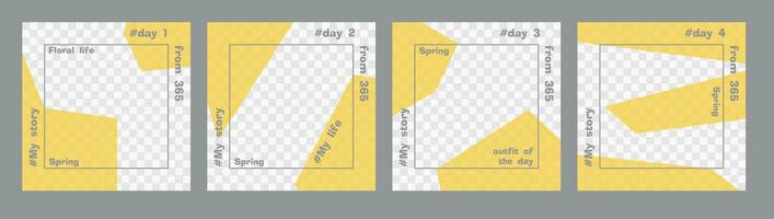 Set of minimal square posts. Trasparent yellow geometric shapes and gray text template. Place for your photo. Every day design concept for year Best for social media post and web internet ads vector