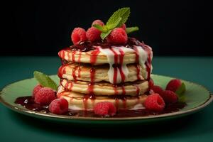 delicioso panqueques en de madera mesa con frutas ai generado foto