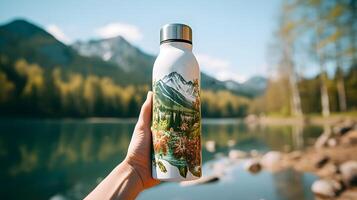 Close-up of female hand holding reusable, steel thermo shiny bottle for water, on the background of clear water of a lake with a turquoise hue. Copy space concept. AI Generated photo