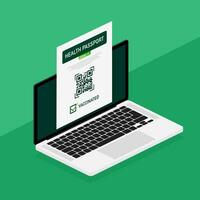 salud pasaporte qr código en lineal estilo en verde antecedentes. coronavirus vacunación. vacuna certificado tarjeta vector