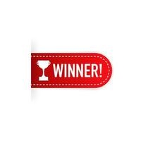 Winner red rubber label with red ribbon on white background. Realistic object. Vector illustration.