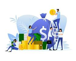 Flat illustration with investment management people coins. Flat vector illustration