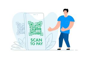 un hombre soportes cerca el teléfono inteligente, en el pantalla qr código y texto escanear a pagar. qr código pago vector