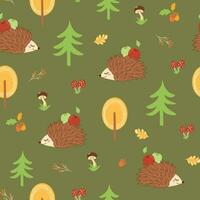 Seamless childish pattern with cute hedgehog, apples, mushrooms, forest tree. Creative woodland kids texture for fabric, wrapping, textile, wallpaper, apparel. Vector illustration. Dark green color.