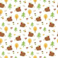 Hedgehog seamless pattern. Autumn forest seamless pattern Colorful fall background. Nature print, wallpaper. Cute animal, trees autumn leaves acorn hedgehog with apples mushrooms. Vector illustration.