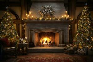 Fireplace with Christmas tree in the background. Generative AI. photo