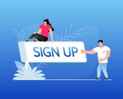 Flat sign up button with people. White sign up button. vector