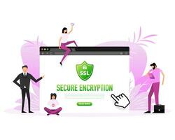 SSL encryption label. Flat people. Secure banner. Vector illustration