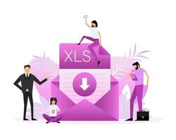 descargar xls archivo. grupo de personas con xls documento. isométrica vector. icono vector