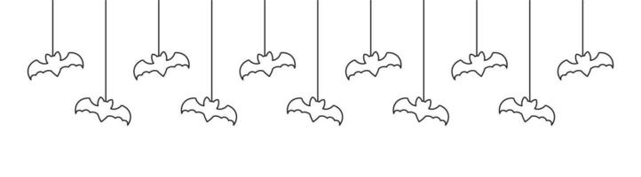 Happy Halloween banner border with bats hanging from spider webs doodle outline. Spooky Ornaments Decoration Vector illustration, trick or treat party invitation