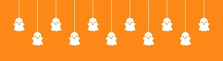 Happy Halloween banner border with ghost hanging from spider webs. Spooky Ornaments Decoration Vector illustration, trick or treat party invitation