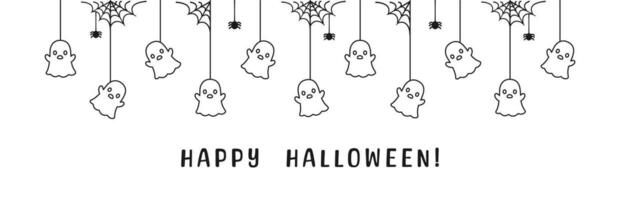 Happy Halloween banner border with ghost hanging from spider webs doodle outline. Spooky Ornaments Decoration Vector illustration, trick or treat party invitation