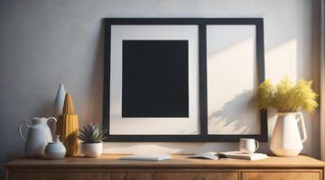 Free photo dark modern blank picture frame on wall poster frame mockup AI Generated