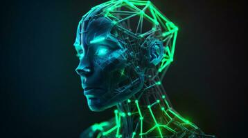 Artificial intelligence head portrait with intricate parts robotical cyborg futuristic design New background Generative ai photo