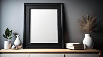 Free photo dark modern blank picture frame on wall poster frame mockup AI Generated