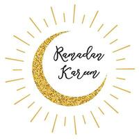 Creative vector crescent bright gold moon for Holy Month of Muslim Community text Ramadan Kareem gold stars on white Muslim celebration banner card label sign poster print made in gold sparkling style