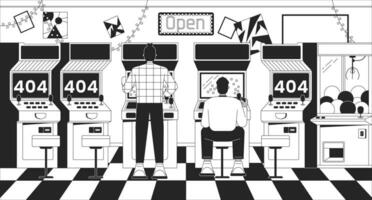 Man playing arcade black white error 404 flash message. Video gaming machine. Monochrome website landing page ui design. Not found cartoon image, dreamy vibes. Vector flat outline illustration concept