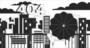 Looking on city from terrace black white error 404 flash message. Woman under umbrella. Monochrome website landing page ui design. Not found cartoon, dreamy vibes. Vector flat outline illustration