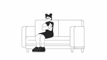 Moody teenager sitting on couch bw 2D character animation. Disappointed outline cartoon 4K video, alpha channel. Frustrated asian girl with crossed arms animated person isolated on white background video