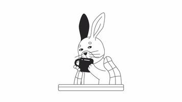 Kawaii rabbit drinking tea cup bw 2D character animation. Tea blanket outline cartoon 4K video, alpha channel. Cozy bunny with blanket over shoulder animated animal isolated on white background video