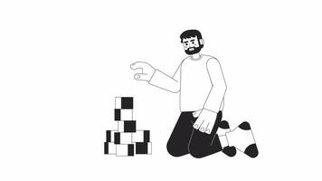 Happy bearded father playing with bricks bw 2D character animation. Bond with kid outline cartoon 4K video, alpha channel. Dad stacking constructor cubes animated person isolated on white background video