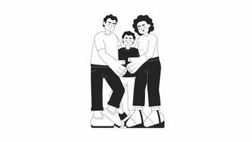 Smiling mixed race family hugging bw cartoon animation. Parents kid 4K video motion graphic. Latino father and mom embracing son 2D monochrome line animated characters isolated on white background