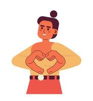 Hands gesture semi flat color vector character. Cute latina woman showing heart sign. Share love. Smiling. Editable half body person on white. Simple cartoon spot illustration for web graphic design