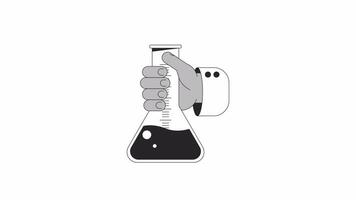 Scientist flask holding bw outline 2D character hand animation. Laboratory research monochrome linear cartoon 4K video. Lab erlenmeyer. Hand chemistry animated body part isolated on white background video