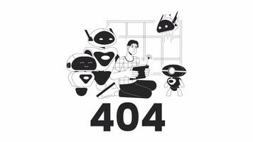 stam robotik svart och vit fel 404 animation. vetenskap teknologi teknik fel meddelande gif, rörelse grafisk. manlig ingenjör med robotar animerad karaktär linjär 4k video isolerat på vit