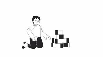 enfant en jouant avec en bois blocs bw 2d personnage animation. jardin d'enfants jouet contour dessin animé 4k vidéo, alpha canaliser. bambin garçon bâtiment pyramide cubes Animé la personne isolé sur blanc Contexte video