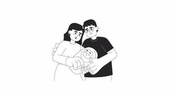 Interracial couple adopting infant bw 2D characters animation. Childbirth new parents outline cartoon 4K video, alpha channel. Baby newborn with mom, dad animated people isolated on white background video