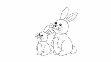 Rabbits bunnies looking up bw 2D characters animation. Eastern bunnies outline cartoon 4K video, alpha channel. Kawaii wild rabbits standing on hind legs animated animals isolated on white background video
