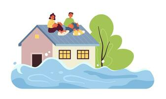 Scared people on flooded house roof flat concept vector spot illustration. Deep water. Rescue operation for 2D cartoon characters on white for web UI design. Isolated editable creative hero image