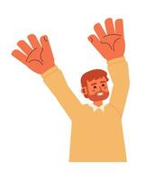 Man raising hands up semi flat color vector character. Cheerful caucasian boy. Editable half body person on white. Simple cartoon spot illustration for web graphic design