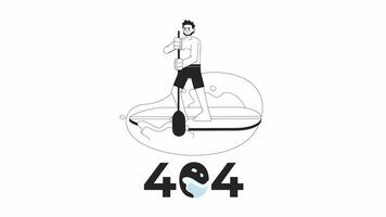 Indian man paddleboarding on lake bw error 404 animation. Sup surf error message gif, motion graphic. Guy standing up paddle board animated character outline 4K video isolated on white background